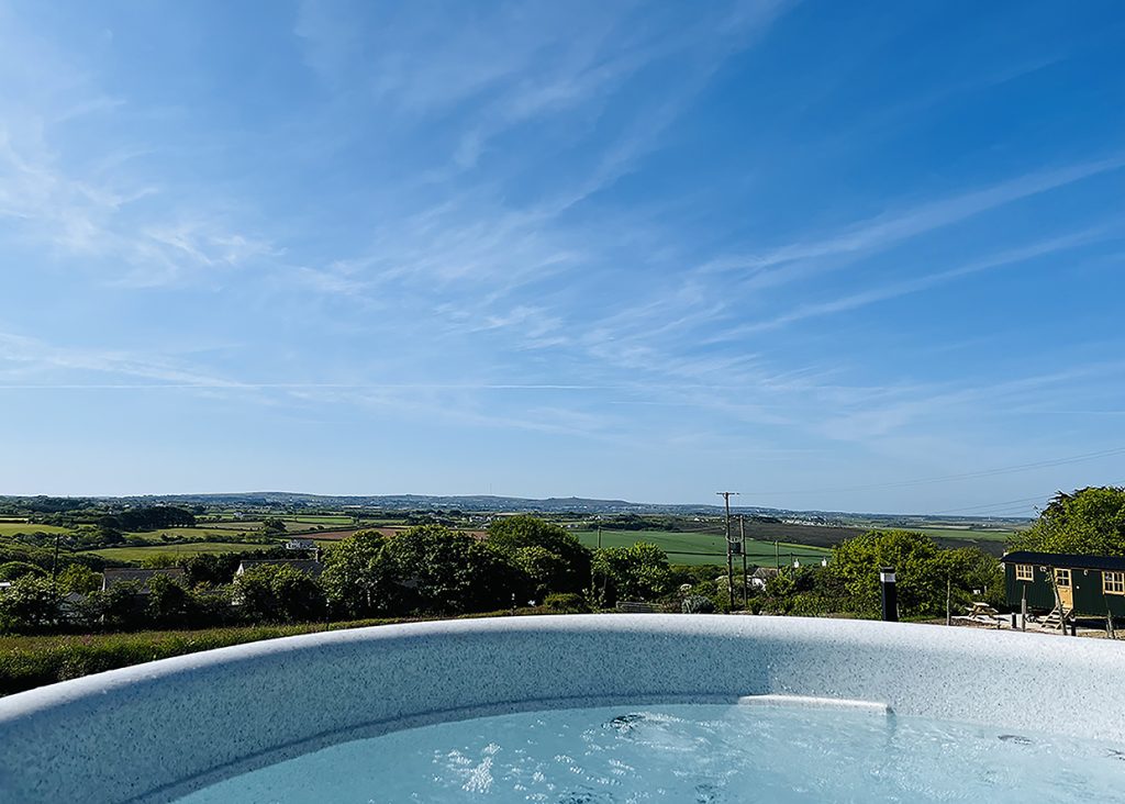 View from the hot tub outside our Luxury Shepherd Hut at The Beacon Country House Hotel.